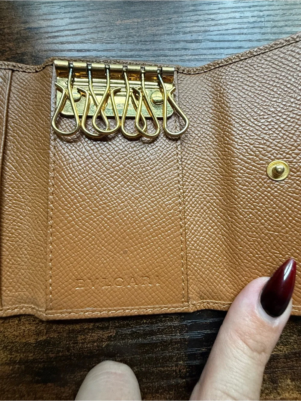 Bvlgari Tan Pebbled Leather Wallet with Gold Logo Medallion